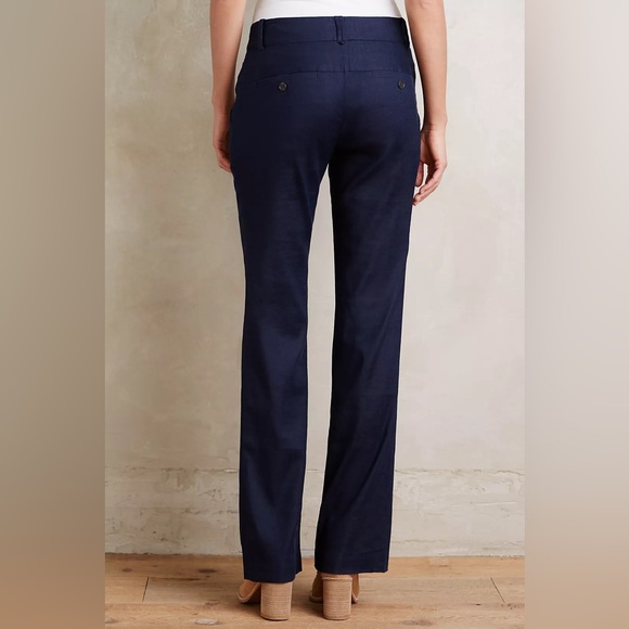 NWT Anthro Elevenses Benton Trousers Navy Double Button Linen / Rayon / Spandex - Picture 4 of 7